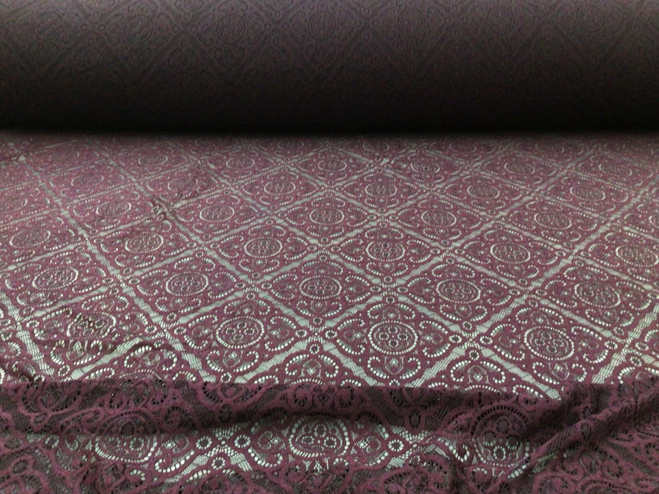 Embroidered Stretch Lace Apparel Fabric Sheer Diamond Mulberry Purple YY213 - Image 1 of 1