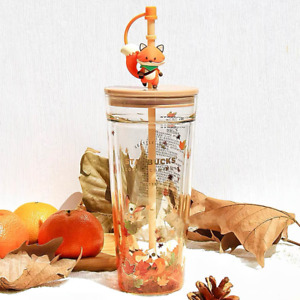 Starbucks Autumn fox Cute Rabbit Maple Leaf Cup Tumbler Straw Double Glass Set