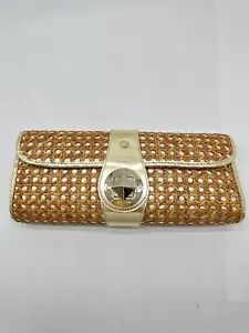 Kate Spade Gold/Brown Woven Rattan and Leather Turnlock Flap Long Clutch - Picture 1 of 19