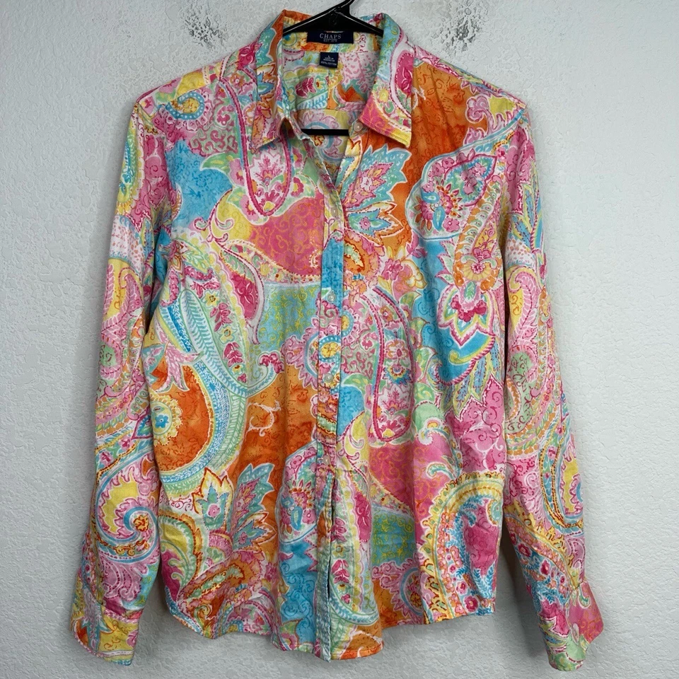 Camisa Chaps Mujer L Colorida Manga Larga Paisley Botón Boho Hippie Psicodélica Foto 1 de 4