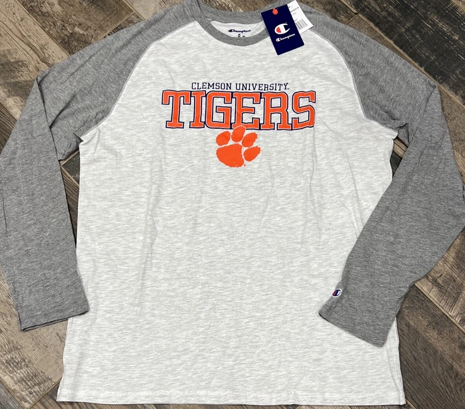 Clemson Tigers T-Shirt XL Champion Gray Spellout Raglan Long Sleeve 2 Tone Top