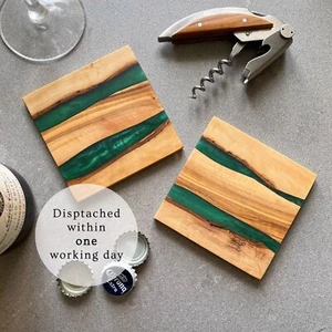 Set of 4 Natural Olive Wood Drinks Coasters With Duel Green River Resin - Picture 1 of 5