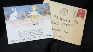 Tarjeta de Pascua vintage de conejo, niño, floral c. 1920 con original sobre - Imagen 1 de 5