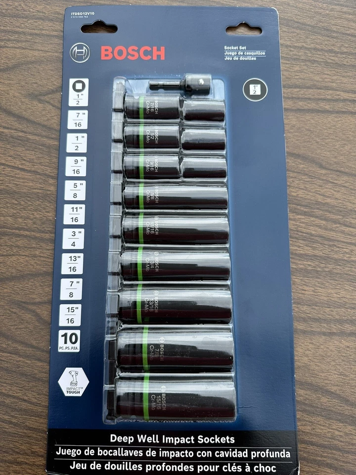 Bosch ITDSO12V10 10 pc. Impact Tough Deep Well 1/2" Socket Set with 1/4" Hex NEW - Image 1 of 4