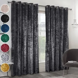 Crushed Velvet Curtains Pair Eyelet Ring Top Fully Lined Blackout Window Curtain - Picture 1 of 38
