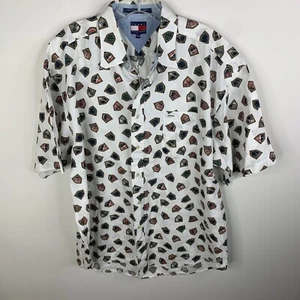 Tommy Hilfiger vintage uomo XL bianco con stemma all over manica corta con bottoni - Foto 1 di 6