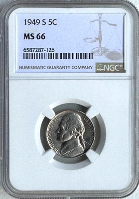 1949-S JEFFERSON NICKEL -  NGC MS66  -  FREE SHIPPING! - Image 1 of 2