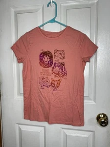 Cat & Jack Big Cat Top Girls Size XL 14-16 Short Sleeve Shirt Coral Lion Leopard - Picture 1 of 4
