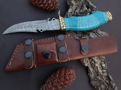Cuchillo Bowie de lujo de acero Damasco hecho a mano de 10" mango de piedra turquesa con funda Foto 1 de 4