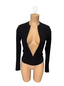 Joah Brown 3/4 Zip Ribbed Knit Mock Neck Top S/M Black Sweater USA Made - Picture 1 of 9