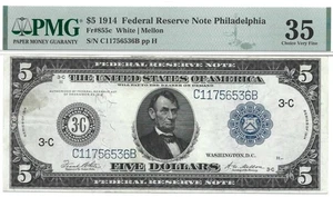 1914 $5 Philadelphia Federal Reserve Note White / Mellon PMG Choice Very Fine 35 - Picture 1 of 2