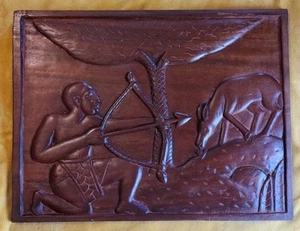 African Tribal Hunter & Deer Wood Wall Relief Hand Carved Panel 20.5x27" Vintage - Picture 1 of 13
