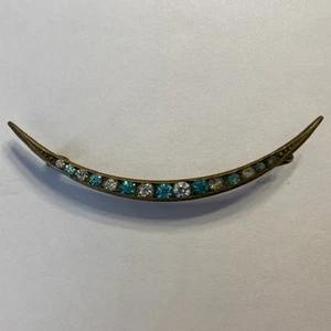 ANTIQUE c.1900 VICTORIAN PASTE STONE CRESCENT MOON PIN BROOCH AQUA WHITE 2 1/2” - Picture 1 of 3