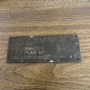 VINTAGE Kyle & Purdy NY Boat Data Plate/Brass Tag Plaque - Estate Fresh - Picture 1 of 7