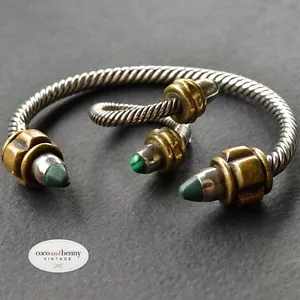 *Vintage SUPERB 80's Taxco 925 Silver Brass Malachite Twisted BRACELET RING Set - Picture 1 of 5