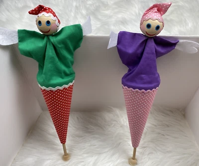 Vintage Peek-A-Boo Set of 2 Pink Purple Girls Puppet Pop Up Cone Wooden Stick - Image 1 of 4