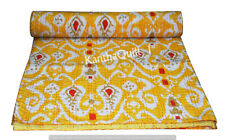 Indian Kantha Quilt Cotton Yellow Ikat Print Bedspread Blanket Throw King Quilt