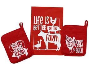 Life is Better on the Farm Animals 3-Piece Red Tea Towel & Pot Holders Set Gift - Picture 1 of 1