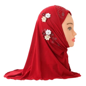 2-6Y New Muslim Kids Girl Cap Islamic Rhinestone Hijab Flower Scarf Arab Bonnet - Picture 1 of 61
