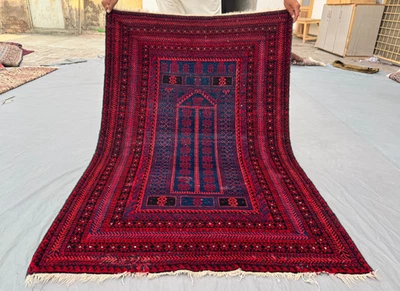 3x5 Unique Tribal Afghan Baluchi Prayer Design Rug – Deep Blue Red Geometric - Image 1 of 4