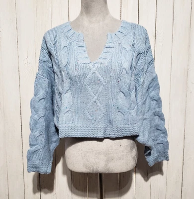 NUEVO Suéter Para Mujer S Azul Mancha Cable Recortado Grueso De Gran Tamaño Preppy Cottage Acogedor Foto 1 de 4