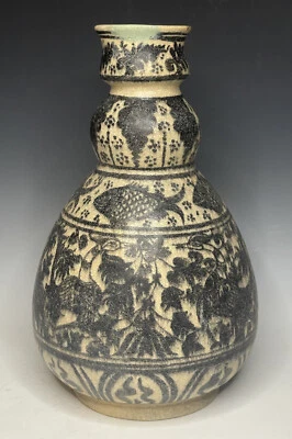 Jarrón de gres antiguo estilo antiguo Sawankhalok Sukhothai grúa pez esmalte Foto 1 de 4