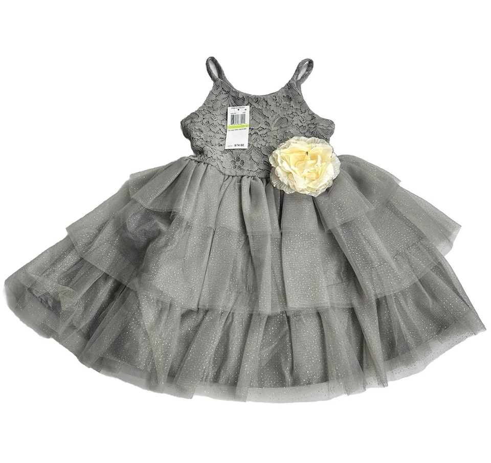 Pink & Violet Dress Baby Girls Size 4 Holiday Outfit Tiered Lace Dress Gray NWT - Image 1 of 4