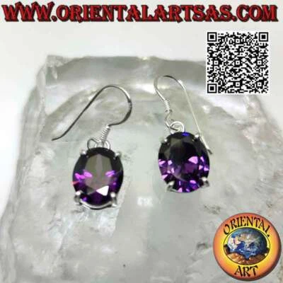 Orecchini Argento 925‰ ametista di sintesi sfaccettata ovale incastonata su mont - Immagine 1 di 3