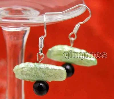 20-25mm Natural Green Biwa Pearl Earring for Women & Black Agate Dangle Earring - Image 1 of 4