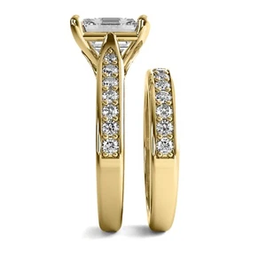 3.71 Ct G VVS2 Lab Grown Emerald Cut Diamond Engagement Ring Matching Band Set - Picture 1 of 4
