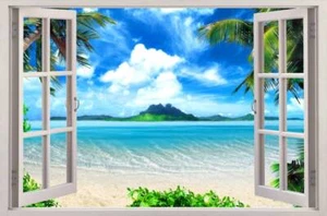 Exotic Beach View 3D Window Decal WALL STICKER DIY Decor Art Wallpaper Mural - Picture 1 of 1