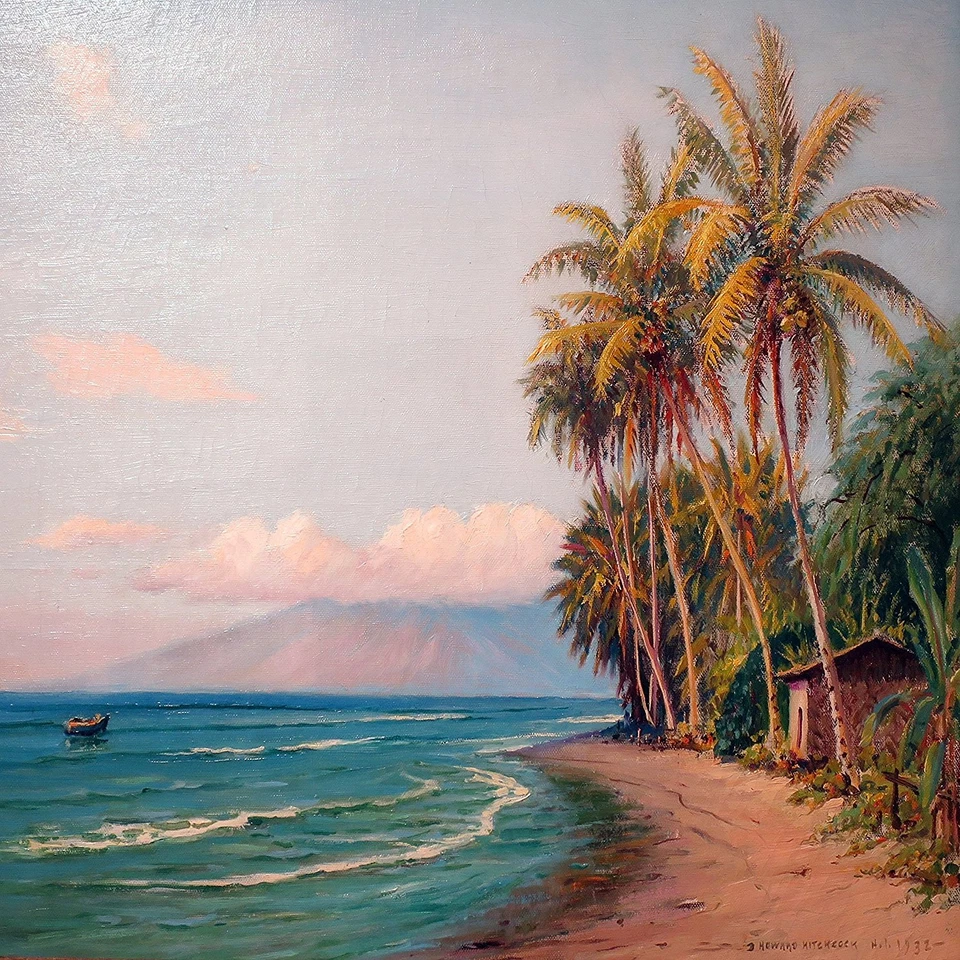 beach Hawaii boat sea palm D. Hitchcock Tile Mural Backsplash Art Marble Ceramic - Image 1 of 1