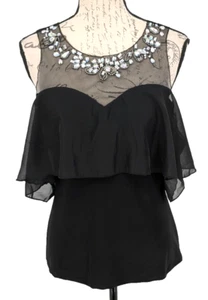 Minerva Evening Blouse Top Med Black Sheer Embellished Layered - Picture 1 of 9