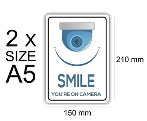 Warning Smile you're on camera Sticker of 2 Self Adhesive Vinyl Sign Waterproof - Foto 1 di 2