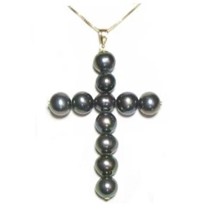 Colgante cruzado genuino AAA perla negra oro amarillo 14K - Imagen 1 de 1
