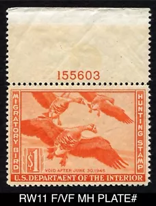 RW11 F/VF MH PLATE# 1944 White-Fronted Geese Federal Duck Stamp Waterfowl - Picture 1 of 3