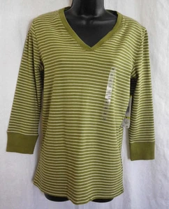 Top de punto Jones New York talla M nuevo con etiquetas 100% algodón verde rayas 3/4 manga cuello en V  - Imagen 1 de 11