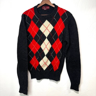 Vintage John Ashford Shetland Wool Argyle Sweater Gray Red Cream Classic Mens M - Image 1 of 4