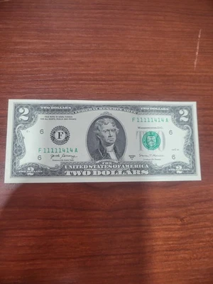 2017A - $2 Two Dollar Bill - F11111414A FANCY NOTE NEAR SOLID BINARY NOTE - Image 1 of 4