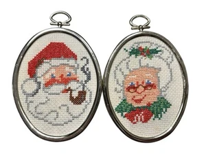 Vintage Santa & Mrs Claus Cross Stitch Embroidered Framed Ornaments Handmade - Picture 1 of 6