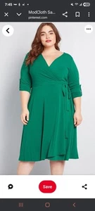 ModCloth Womens Dress Green Wrap Midi Stretch 3/4 Sleeve Solid Tie Waist Sz 2XL - Picture 1 of 9