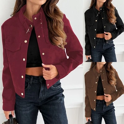 Womens False Pocket Faux Suede Coat Long Sleeved Button Biker Bomber Jacket Tops - Image 1 of 4