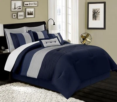 8-Piece Navy Blue Gray Pleated Bedding Set Luxury Striped Comforter Set - Image 1 of 4