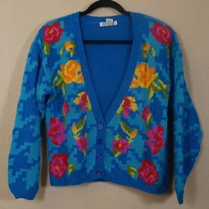 Vintage Gallagher Cardigan Electric Blue Floral Houndstooth M Cottagecore Fairy - Picture 1 of 8