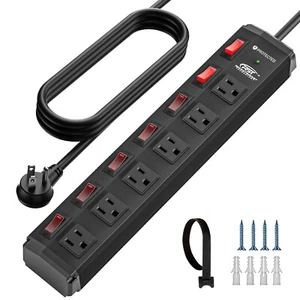 6-Outlets 1200J Power Strip Surge Protector, Flat Plug 6ft Extension Power Cord - Picture 1 of 6