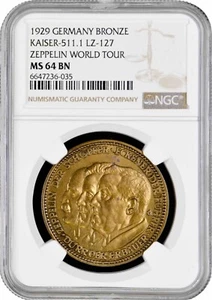 Weimar Republic bronze medal 1929, NGC MS64, "Zeppelin World Tour" KAISER-511.1 - Picture 1 of 2