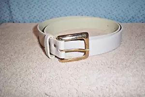 USED VERY LITTLE 16 x 1 Inch OFF WHITE VINYL BELT with BRASS BUCKLE - Picture 1 of 4