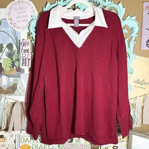 Laura Scott Woman Red Sweater White Button Collar Sz.26-28W Long Sleeve Preppy - Picture 1 of 10