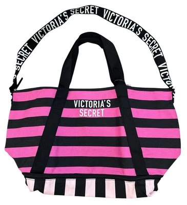 VICTORIA'S SECRET Signature Striped Logo Tote Shoulder Bag Travel Weekender - Imagem 1 de 3