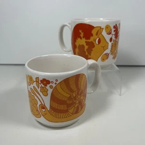 2 x Vintage Mugs Snail & Pig 1970s Pottery Orange Yellow Retro Cool Cute Cup - Picture 1 of 15